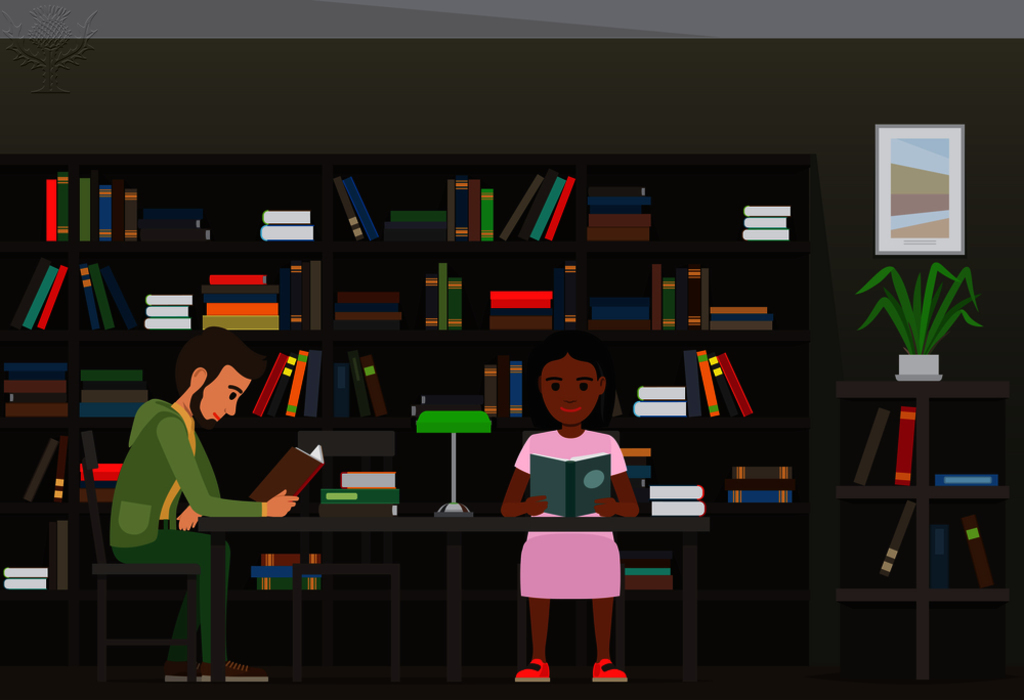 People reading textbooks in library interior with bookshelves. Man and woman seating at the table with open book in hand flat vector. Enthusiastic readers illustration for educational, hobby concepts